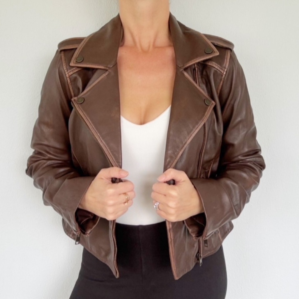Lucky Brand brown genuine leather zip up motorcycle jacket size small